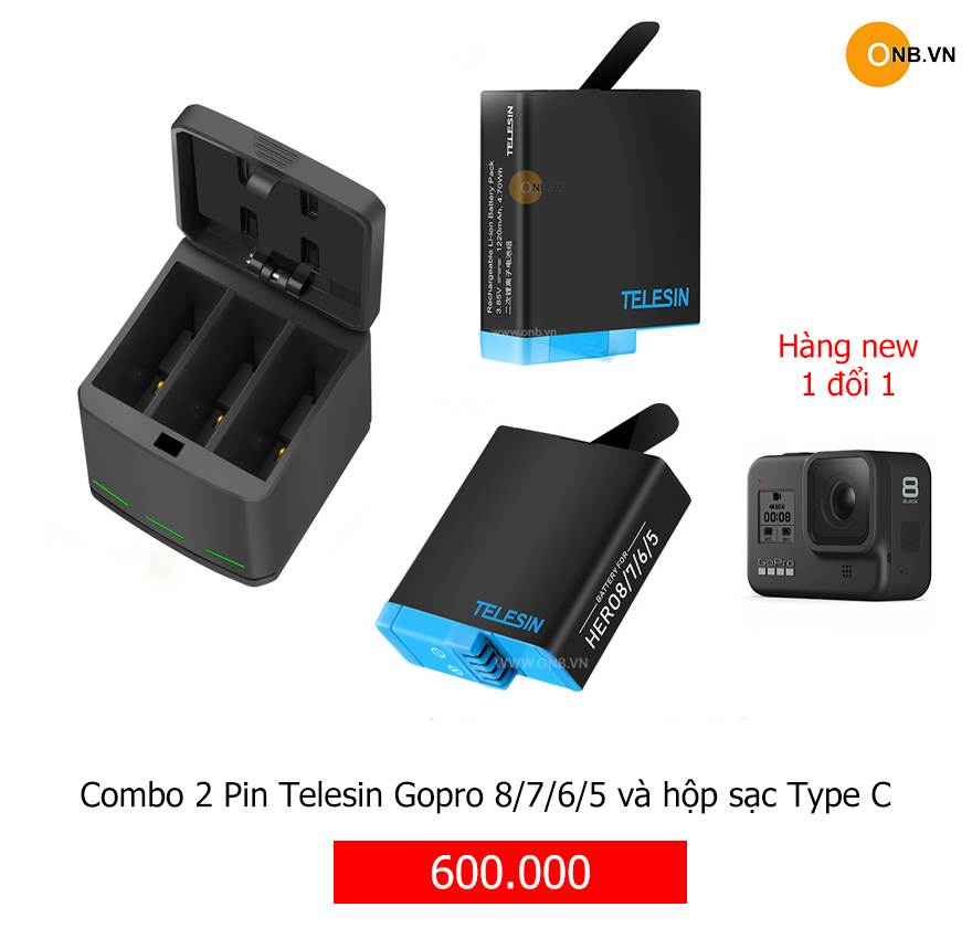 Combo Pin Telesin Gopro 8/7/6/5 và Dock sạc 3 pin Type C