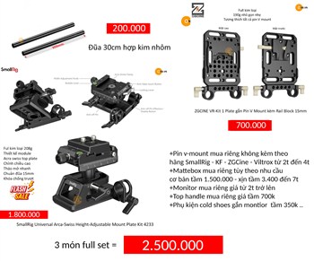 Combo SmallRig Base Plate 4233 + đũa 30cm + Plate ZGCine pin V mount