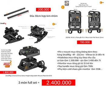Combo SmallRig Base Plate 4233 + đũa 30cm + Plate ZGCine pin V mount